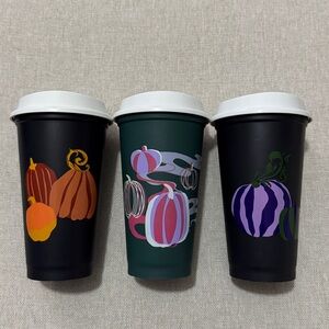 3 Pack Starbucks Cups-Plastic 16 oz-Halloween Themed-White Lids-GUC